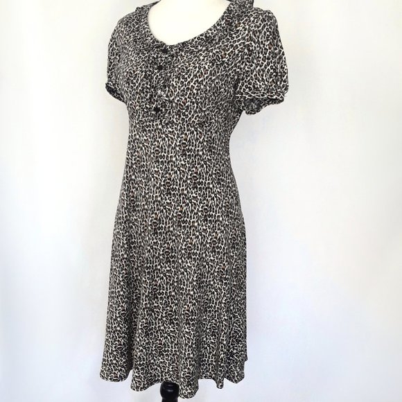 AGB Retro Leopard Print A Line Short Puff Sleeve Babydoll Dress - Picture 3 of 14